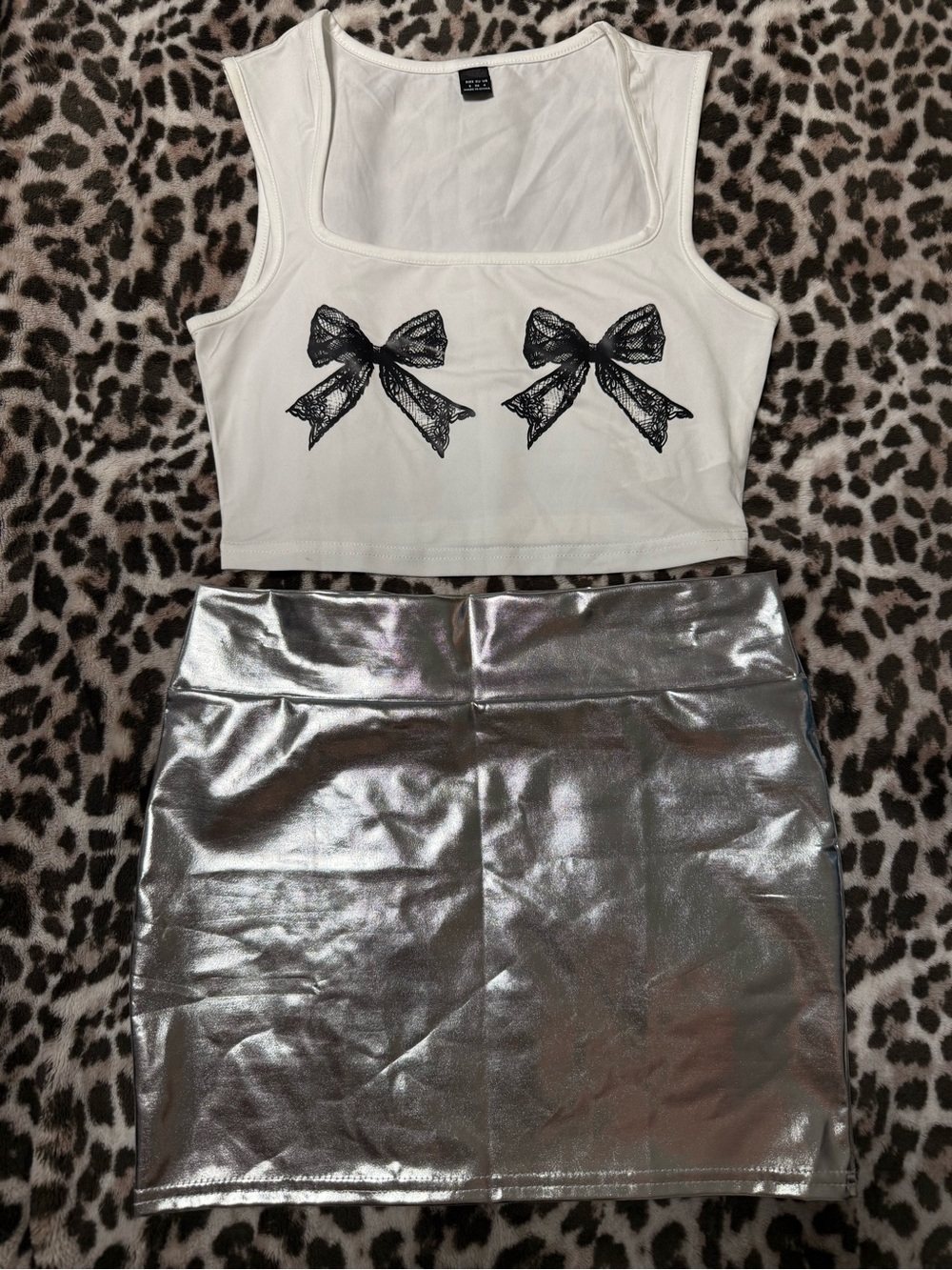Metallic Silver Mini Skirt - Women's Shiny Party Skirt & white bow cropped top
